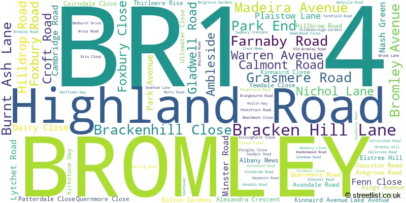 A word cloud for the BR1 4 postcode